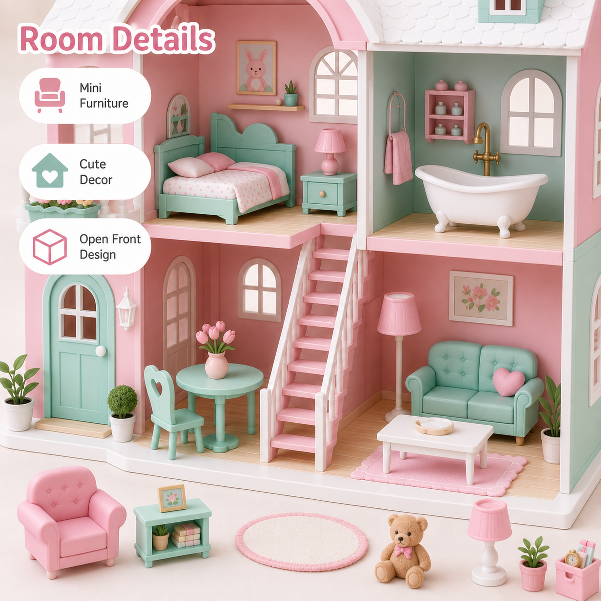 Pastel Dollhouse Playset – 2-Story Mini Toy House with Furniture, Accessories & Open-Front Room Design