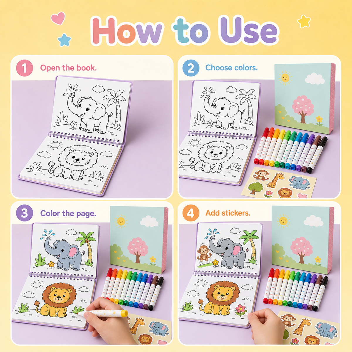 Kids Coloring Book Toy Set with Washable Markers, Fun Animal Pages & Cute Stickers